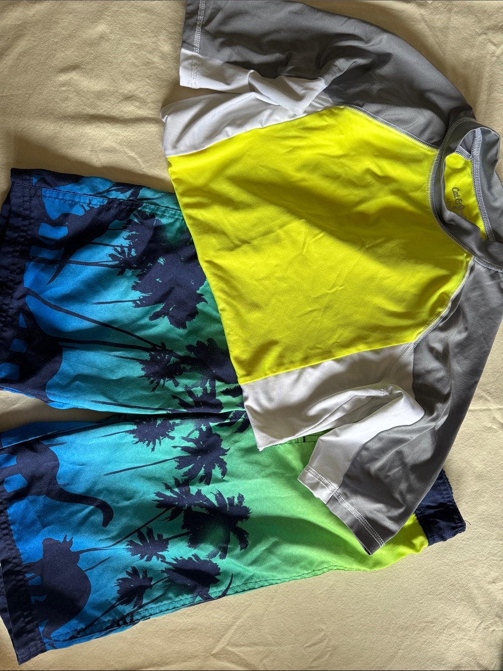 Boys Cat & Jack Palm & Dino Swim Trunks in Green & Blue and swim shirt, L(12-14)